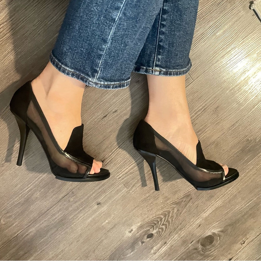 Alexander Wang Black Mesh Panels Leather Peep-Toe Heels Sz 39.5